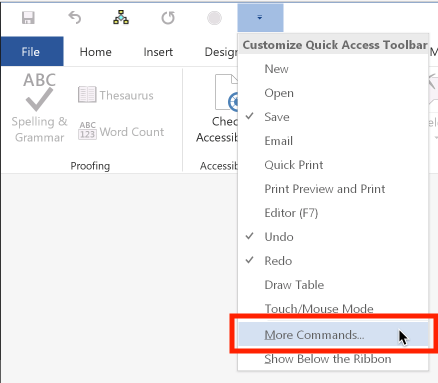 Adding a command to the Quick Access Toolbar